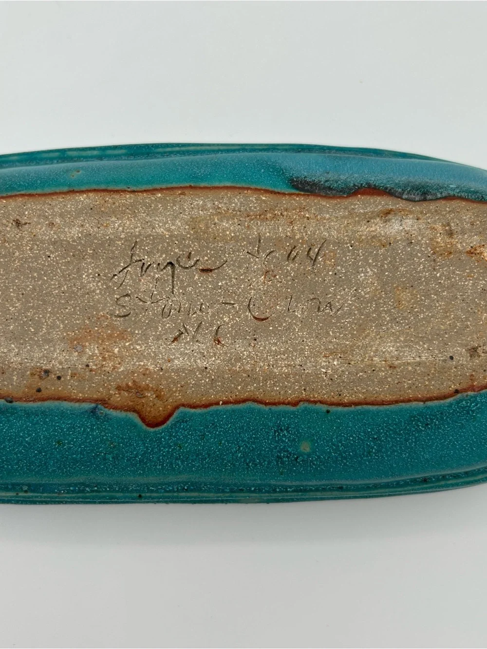 Studio Pottery Oval Serving Tray Trinket Dish Blue Gray Signed Decorative Scene